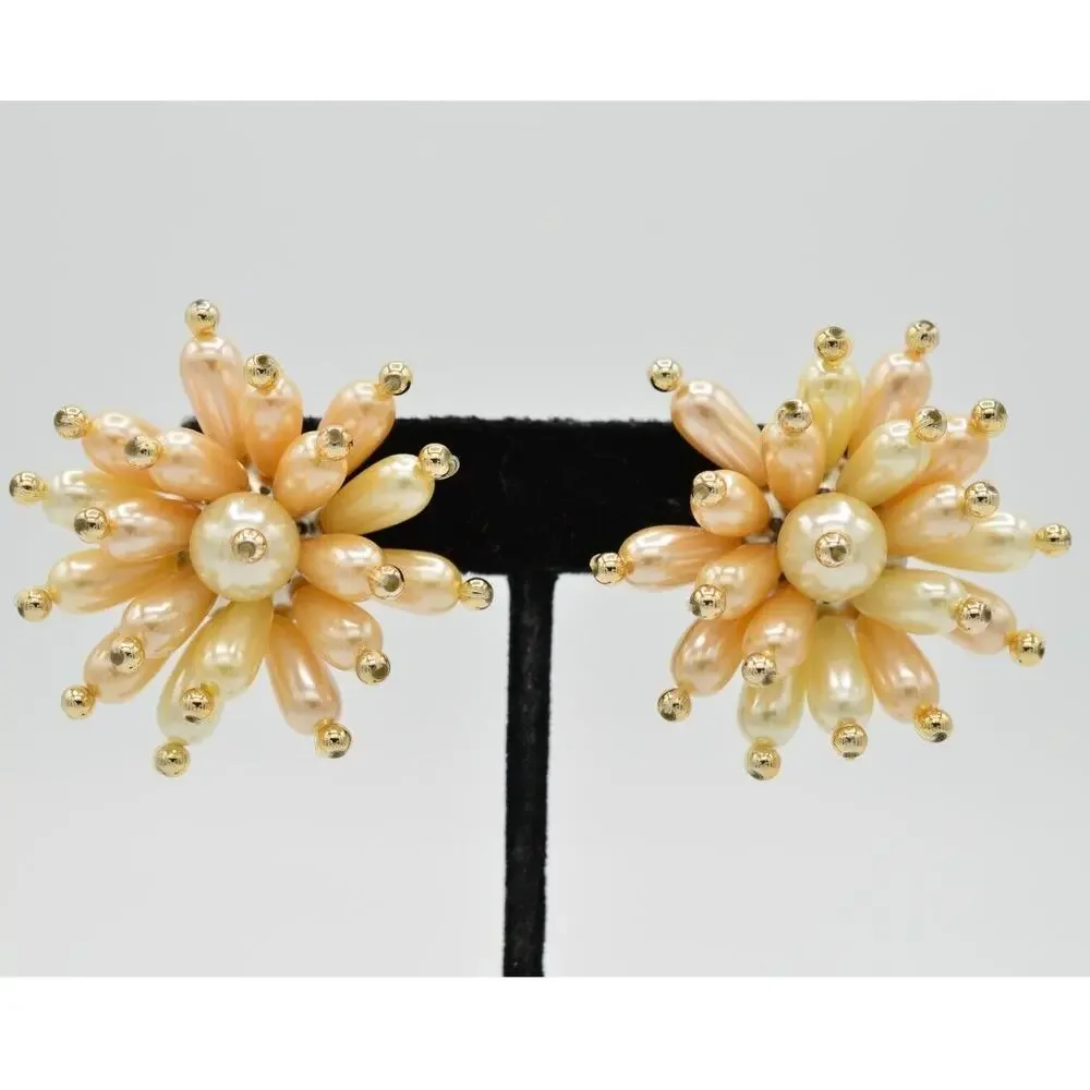 Vintage Clip On Earrings Chunky Faux Pearl Beaded Cluster Chunky NOS 1980s 9L
